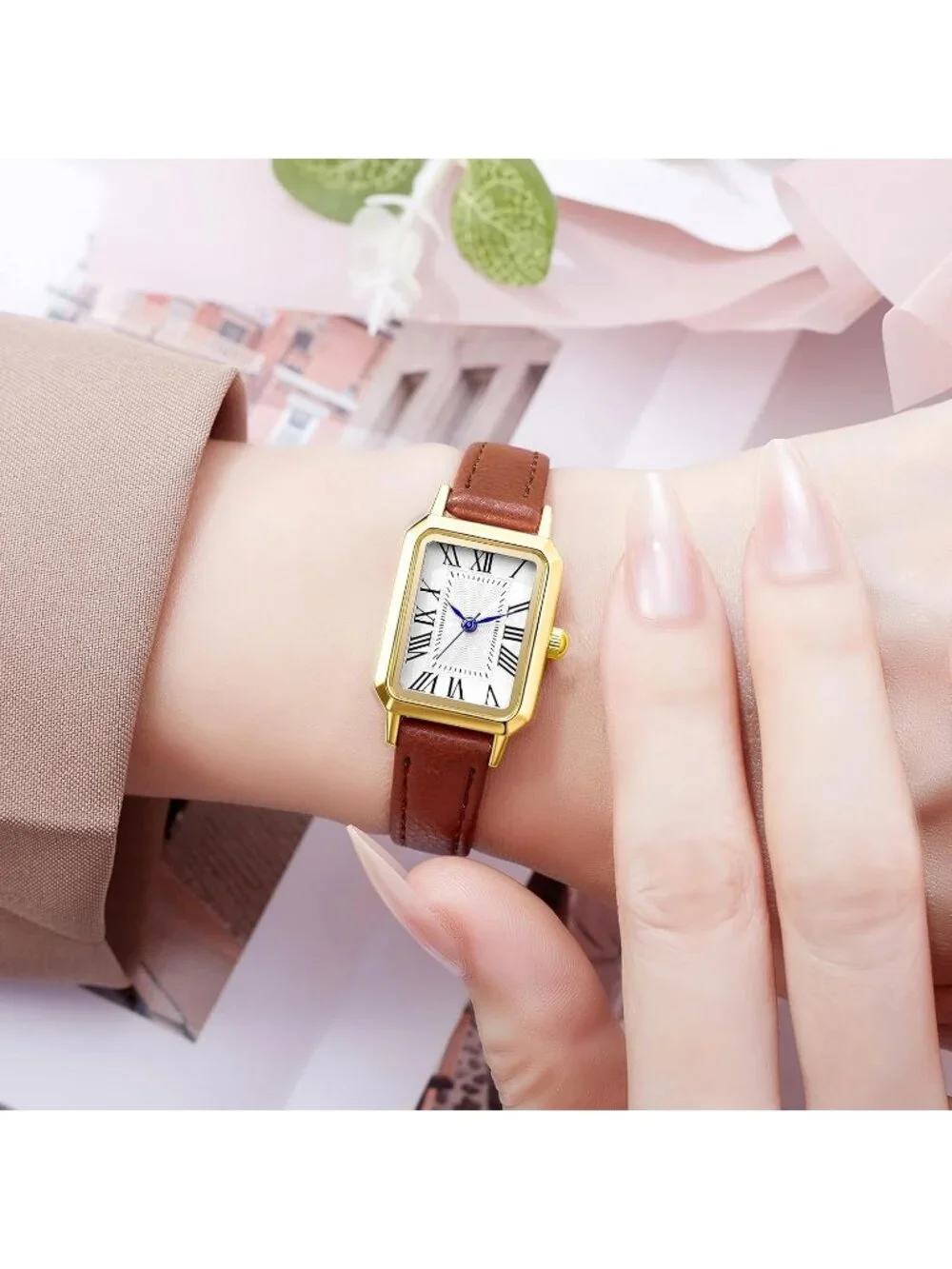 Women's Brown Gold White Leather Strap Elegant Vintage Rectangle Wrist Watch